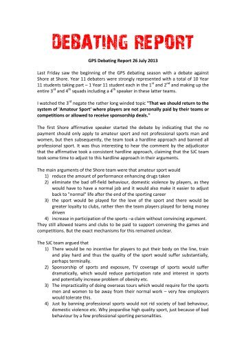 Senior GPS Debating Report 26 July 2013 - Joeys