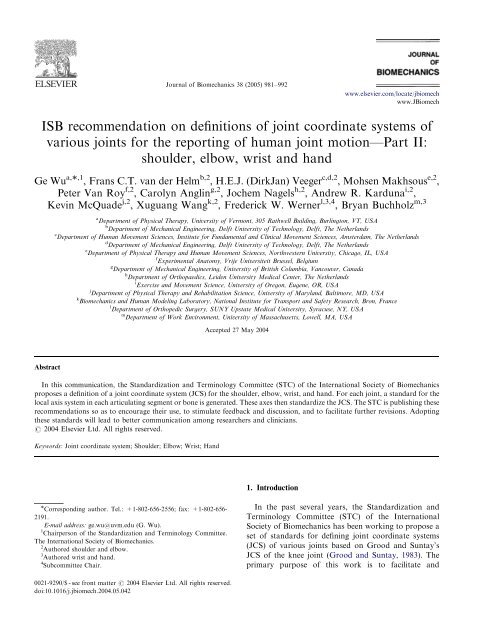 ISB recommendation on definitions of joint coordinate systems of ...