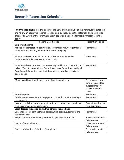 Records Retention Schedule - Boys &amp; Girls Clubs of the Peninsula