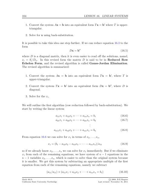 Lesson 16 Linear Systems - Bruce E. Shapiro