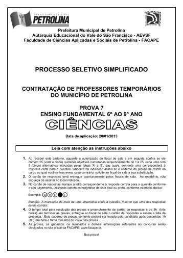 prova 07 ens fund 6 ao 9 ciencias - Facape