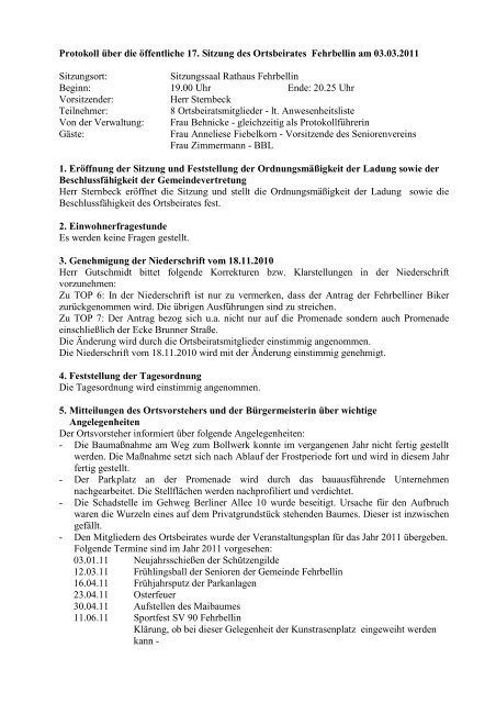 Protokoll Ã¼ber die Ã¶ffentliche 17. Sitzung des Ortsbeirates Fehrbellin ...