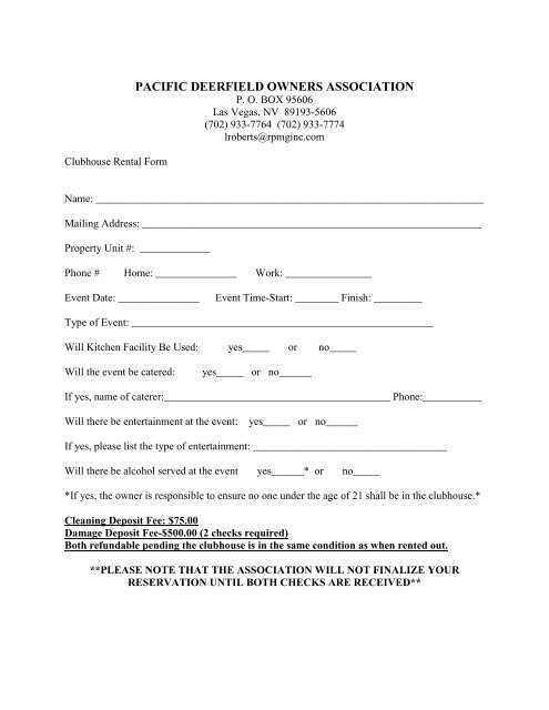 Clubhouse Rental Form And Rules Real Properties Management