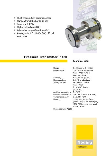 Page 1 Flush Mounted Dry Ceramic Sensor Ranges From 20 Mbar To