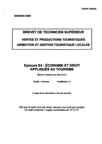 Epreuve E4 : ECONOMIE ET DROIT APPLIQUES AU ... - Bts Tourisme