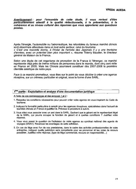 VPEDA AOEDA Avertissement: pour l'ensemble de ... - Bts Tourisme