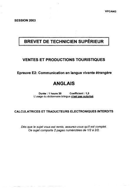 Sujets Anglais Vpt 2 Bts Tourisme