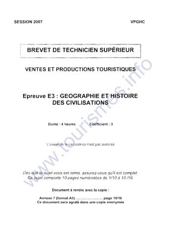 1 BREVET DE TECHNICIEN SUPÃRIEUR Epreuve E3 - Bts Tourisme