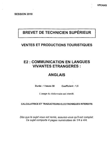 sujets-anglais-vpt-2.. - Bts Tourisme