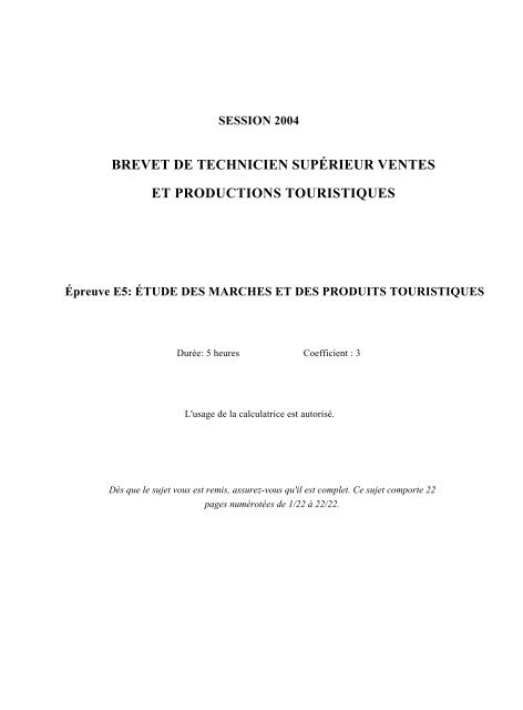 brevet de technicien supÃ©rieur ventes et productions ... - Bts Tourisme