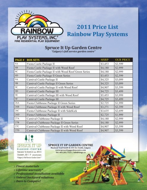 2011 Price List Rainbow Play Systems - Spruce It Up Garden Centre