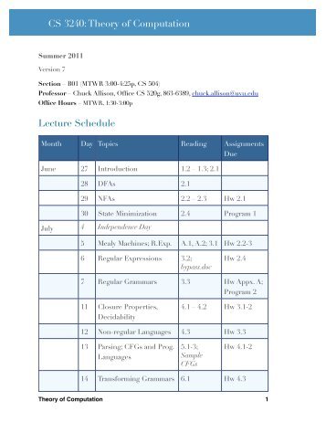 Lecture Schedule CS 3240: Theory of Computation