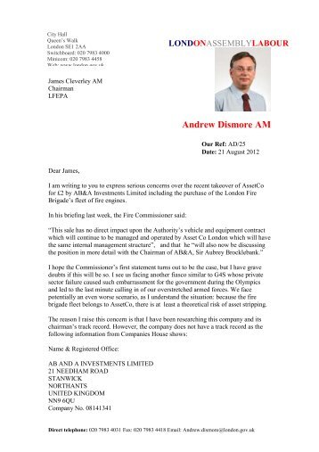 AssetCo Sale: Letter from Andrew Dismore to James Cleverly