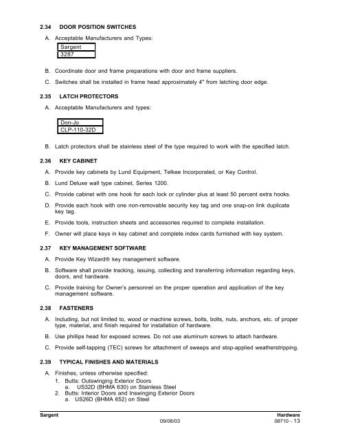 SECTION 08710 HARDWARE - Sargent Locks