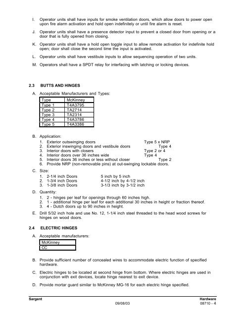 SECTION 08710 HARDWARE - Sargent Locks