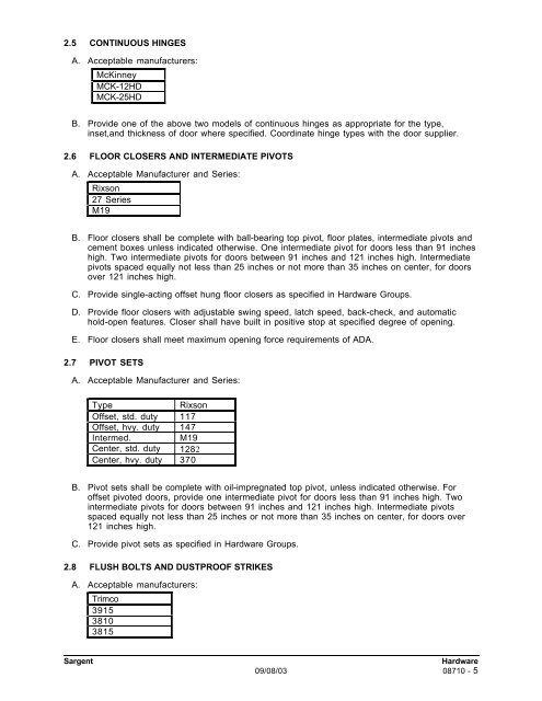 SECTION 08710 HARDWARE - Sargent Locks