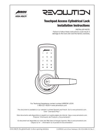 Touchpad Access Cylindrical Lock Installation Instructions - Arrow ...