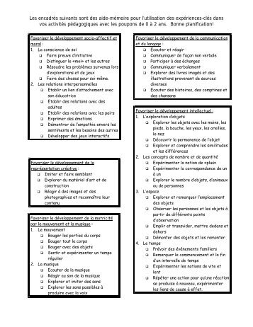 Expériences clés poupons et trottineurs Aide-mémoire