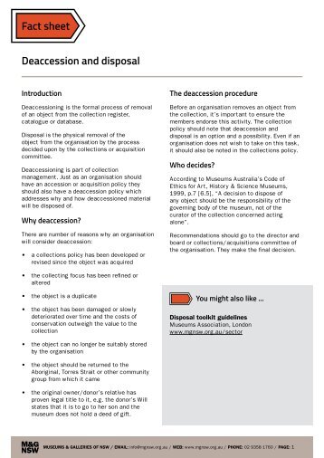 Fact sheet Deaccession and disposal - Museums & Galleries NSW