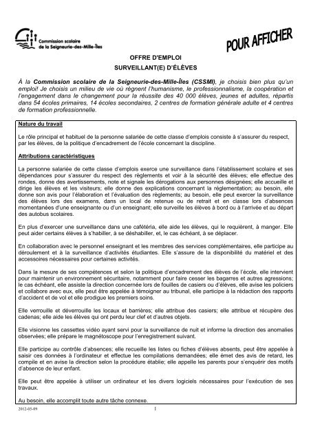 OFFRE D'EMPLOI SURVEILLANT(E) - Commission scolaire de la ...