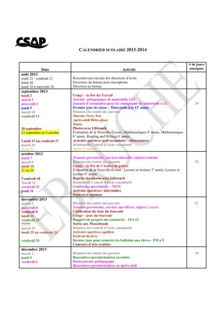 Calendrier scolaire 2013-14