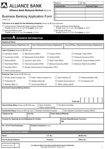 Business Banking Application Form - Alliance Bank Malaysia Berhad