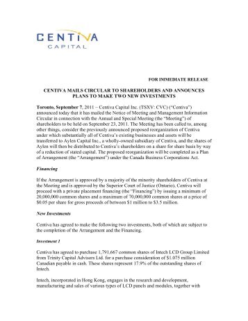 CENTIVA MAILS CIRCULAR TO SHAREHOLDERS AND ...