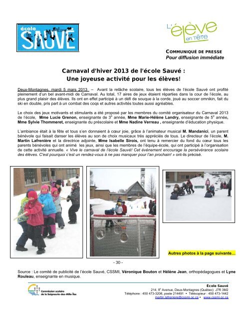 Carnaval d'hiver 2013 de l'Ã©cole SauvÃ© : Une joyeuse activitÃ© pour ...