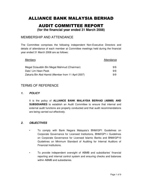 ALLIANCE BANK MALAYSIA BERHAD AUDIT COMMITTEE REPORT