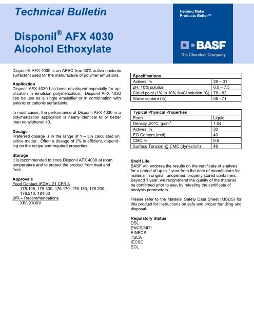 Technical Bulletin Disponil Afx 4030 Alcohol Ethoxylate Gmz Inc
