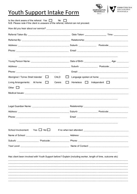 Client Intake Form - Mornington Peninsula Shire Youth Services