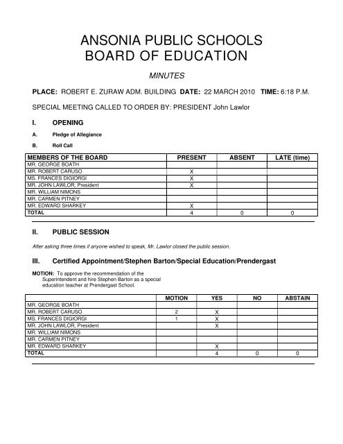 ANSONIA PUBLIC SCHOOLS BOARD OF EDUCATION