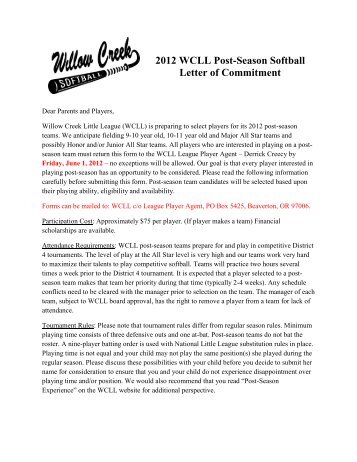 2012 Player Commitment Form - Willow Creek Softball