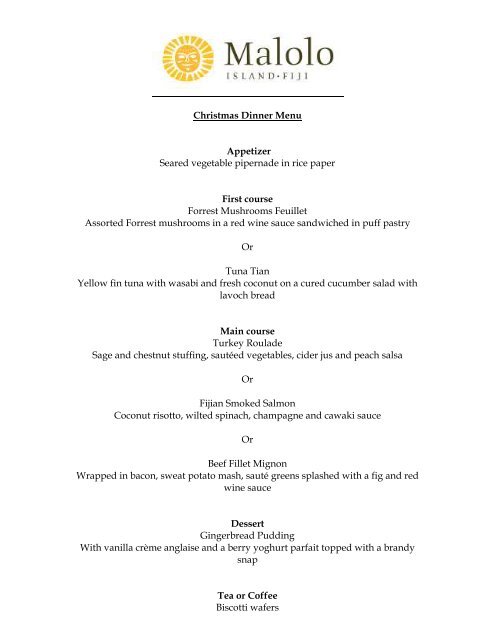 Christmas Dinner Menu - Malolo Island Resort