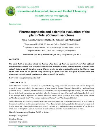 Pharmacognostic and scientific evaluation of the plant- Tulsi - IJGHC