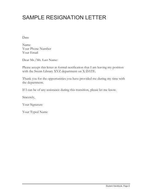 Sample Resignation Letter