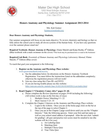 Honors Human Anatomy & Physiology - Mater Dei High School