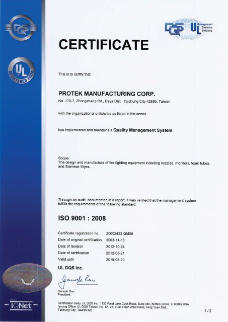 Certificate of Registration - Protek Manufacturing Corp.