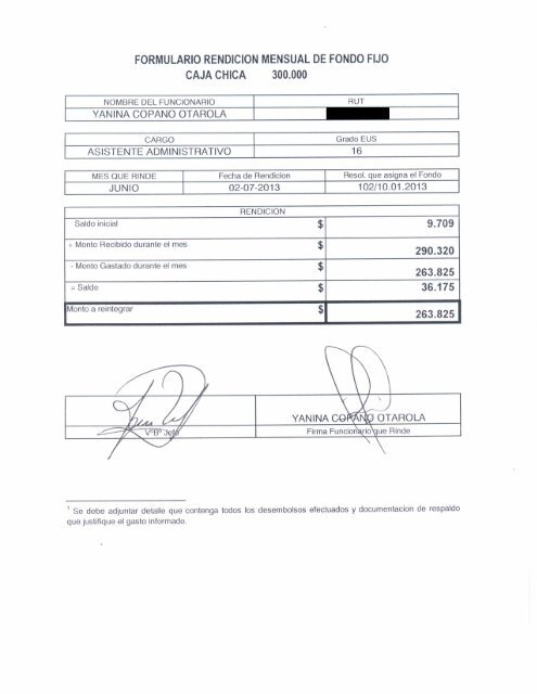 formulario rendicion mensual de fondo fijo - Serviu Araucania