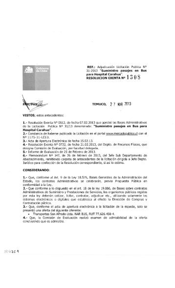 "Suministro pasajes en Bus para Hospital Carahue".