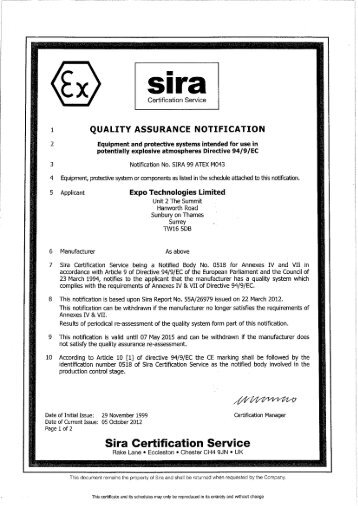 ATEX Quality Assurance Notification - Expo Technologies