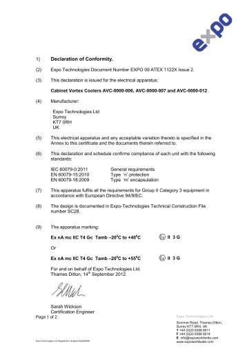 Declaration of Conformity. - Expo Technologies