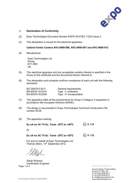 Declaration of Conformity. - Expo Technologies