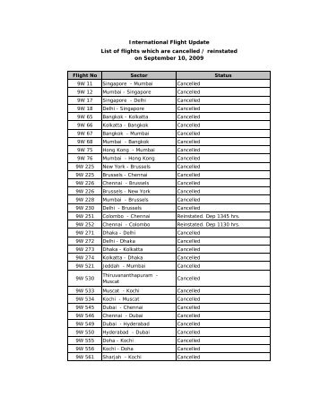 International Flight Update List of flights which are cancelled ...