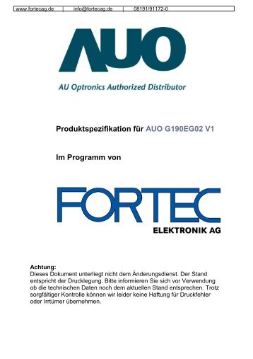 Produktspezifikation für AUO G190EG02 V1 Im ... - Fortec AG