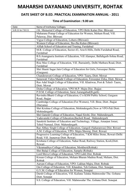 Date Sheet of B.Ed Practical Exam - MDU, Rohtak