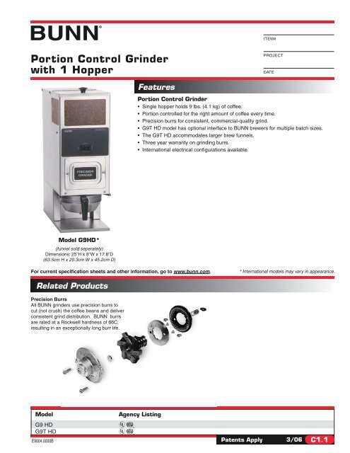 Bunn 1 Hopper grinder Models: G9HD,G9T 