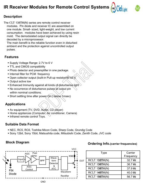 IR Receiver Modules for Remote Control Systems ROM-WT138TM2 ...