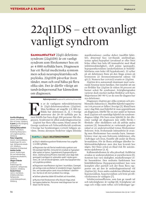 22q11ds Ett Ovanligt Vanligt Syndrom Tandlakartidningen