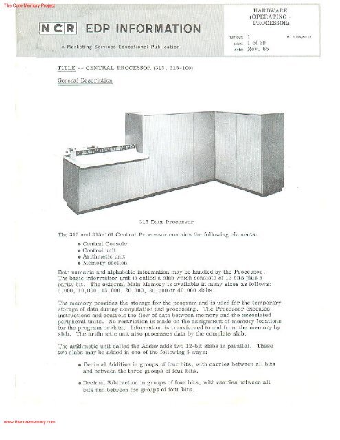 NCR 315. Electronic Data Processing System ... - The Core Memory